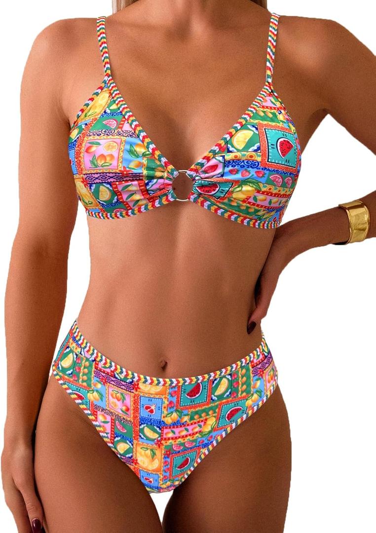 Fanuerg Women's Triangle Bikini Sets O Ring Linked Two Piece Swimsuits Floral Printed Cheeky Bathing Suit (Large)
