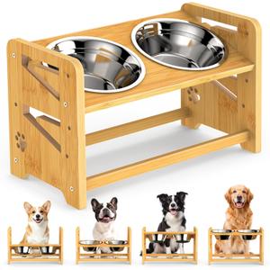 Elevated Dog Bowls, Adjustable Raised Dog Bowl Stand for Medium and Small Pet, 11" High Bamboo Pet Food Feeder with 2 Stainless Steel Dishes4 Heights