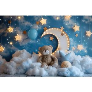 YongFoto Moon Stars Cloud Bear Backdrop 8x6ft Twinkle Little Star Blue Sky Balloon Photography Background Kid Birthday Adventure Baby Shower Cradle Ceremony Party Banner Baby Portrait Photoshoot