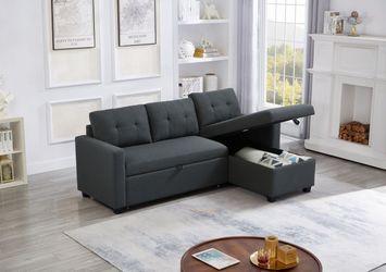 Upholstered Pull Out Sectional Sofa with Storage Chaise, Convertible Corner Couch, Dark Grey