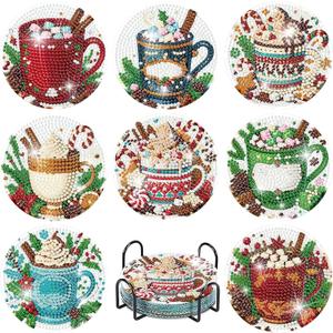 8 Pcs Christmas Coffee Diamond Painting Coasters Kits with Holder, DIY Christmas Diamond Art Coaster Kits for Adults, Paint with Diamonds Coasters Craft Supplies for Holiday Home Decor (Jxbd03-us)
