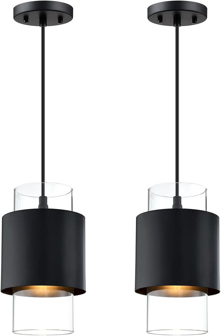 1 Light Hanging Indoor Kitchen Island Pendant Light 6" Drum Glass Shade Pendant Ceiling Light Fixtures Modern Farmhouse Dinning Over Sink (Black Finish, 2 Pack) Gold