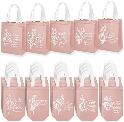 Sweetude 46 Pcs Christian Easter Gift Bag Bulk, Reusable Non Woven Church Welcome Totes with Handles, Medium Floral Bible Verse Bags for Mom Church Sunday School Religious Event Favors (Pink)