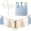 Baby First Birthday Party Decorations Blue High Chair Banner Crown Cake Topper First Birthday Party Decorations