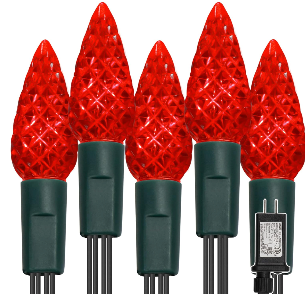 WATERGLIDE C6 Christmas Lights, 33ft 100 LED Faceted String Lights Green Wire Fairy Lights with Safe Adaptor, 8 Lighting Mode, Waterproof for Indoor Outdoor Patio Xmas Tree Party Decor