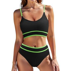Zando High Waisted Swim Suits for Women 2025 Ribbed Swimsuit 2 Piece Color Block Sporty Bikini Sets Modest Bathing Suit M