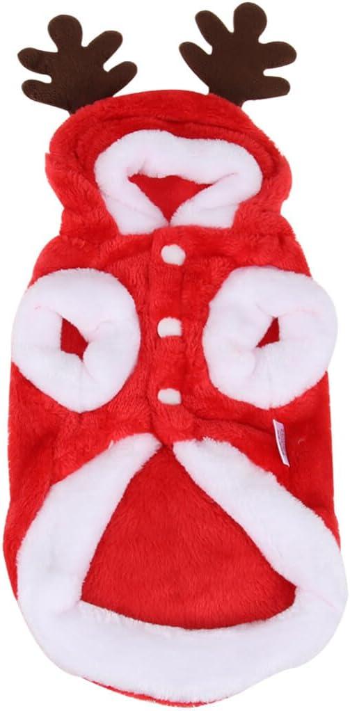 POPETPOP Dog Deer Costume Christmas Dog Costume : Flannel Reindeer Xmas Clothes with Elk Antlers Christmas Hoodies Outfit for Small s(XS)