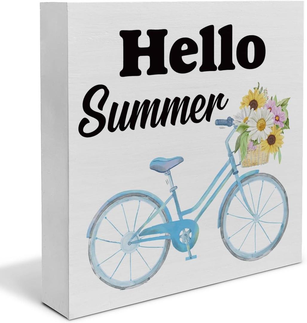 Summer Decor, Hello Summer Decorations Floral and Bicycle Decorations Wooden Sign Summer Home Decor Indoor for Desk Table Shelf 5 X 5 Inches