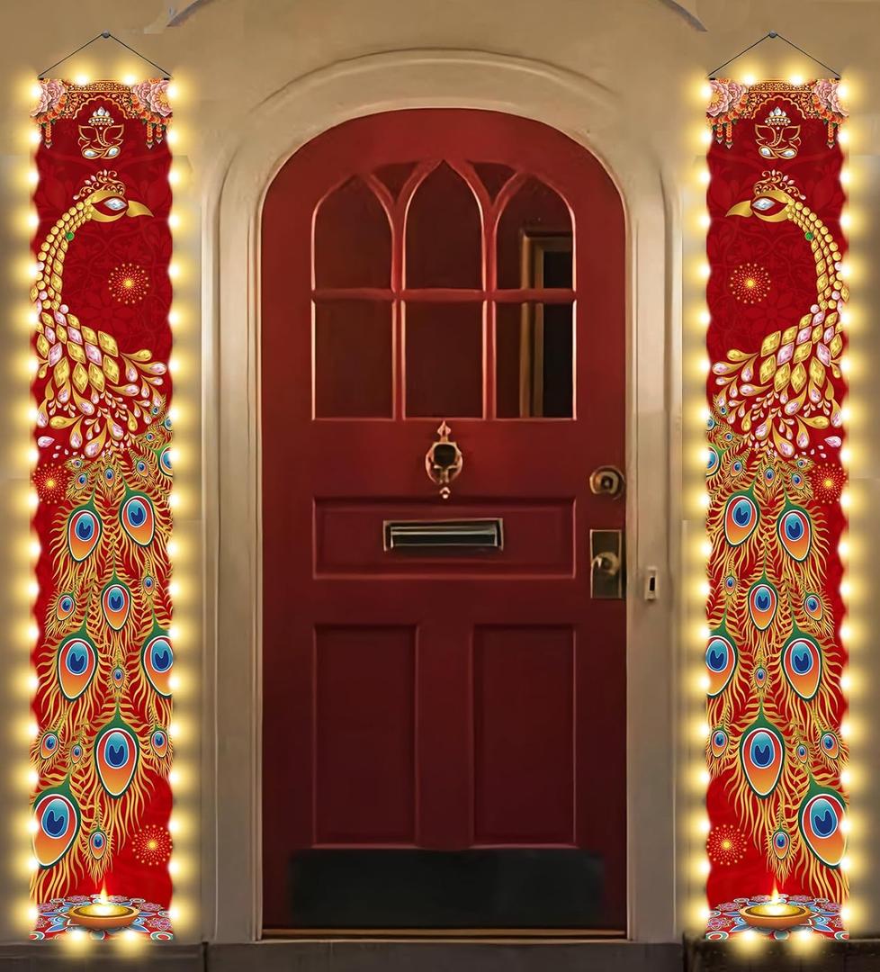 LED Diwali Porch Banner Diwali Decorations for Home, Light Up Peacock Wall Hanging Banner Decor Deepavali Festival of Lights Indian Ganesh Puja Decorations for Outdoor Indoor 71x12"