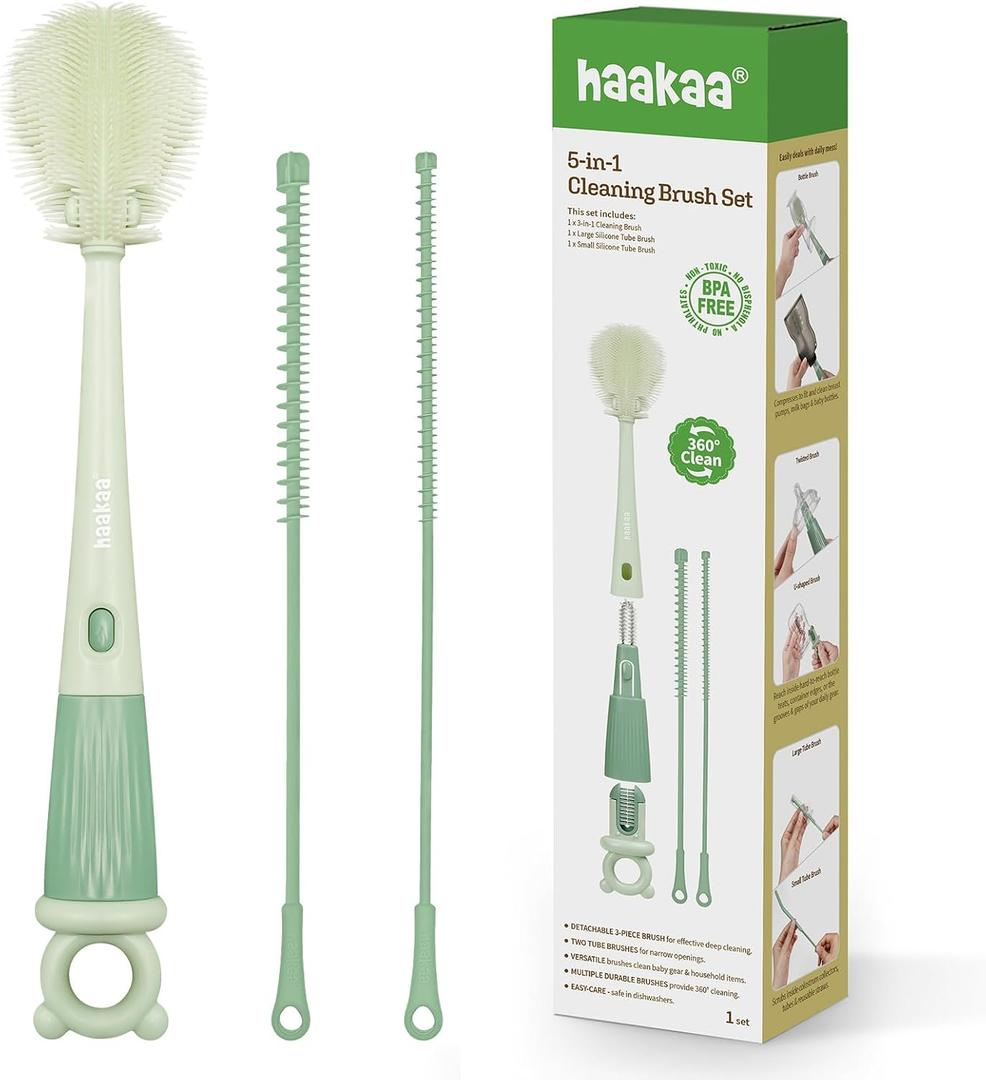 Haakaa 5-in-1 Cleaning Brush Set Baby Bottle Brush & Bottle Brush Cleaner, Multi-Purpose 360 Comprehensive Cleaning for Breast Pumps, Breast Milk Collector, Baby Bottles, Nipples ,Straw Portable
