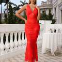 GLNEGE Women's Summer Floral Bodycon Maxi Dress Sexy Backless V Neck Wedding Guest Dresses 2025 Tangerine (Red, XS)