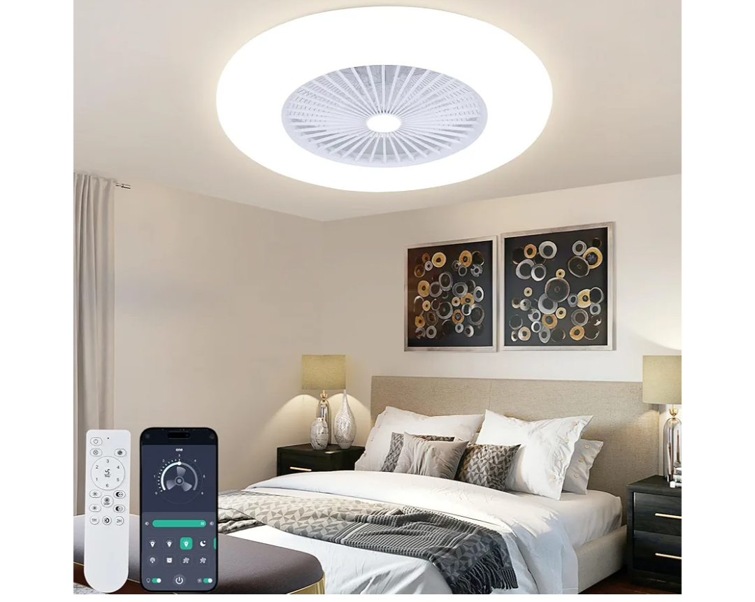 24" Bladeless Ceiling Fan with Light, Low Profile Flush Mount, 3 Color Dimmable Smart LED, 6 Speeds Timing Reversible, Modern Enclosed Ceiling Fan Remote & APP Control