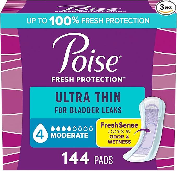 Poise Ultra Thin Incontinence Pads & Postpartum Pads for Bladder Leaks, 4 Drop Moderate Absorbency, Long Length, 144 Count