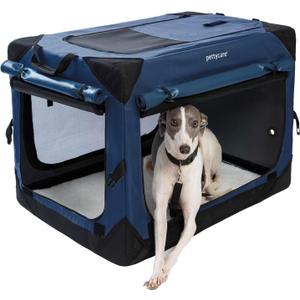 Pettycare 30 Inch Collapsible Dog Crate with Curtains Travel Dog Crate for Airflow and Calm Soft Pet Kennel with Portable Bag and More Chew Proof Mesh Indoor & Outdoor Navy Blue 4 Door Curtains