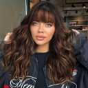 Ombre Brown Wig with Bangs,Brown mix Blonde Highlight Wavy Wigs for Women,Shoulder Length Curly Synthetic Hair Wig for Party Daily Use 18IN