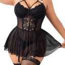Plus Size Lingerie For Curvy Women Ruffle Lingerie Set Sexy Lace Lingerie Set Garter Belt With Stockings (Black) XL