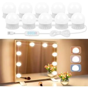 LED Vanity Lights For Mirror, Vanity Lights Stick on with 10 Dimmable Bulbs, 3000K 4000K 6500K & 10 Level Brightness Adjustable, USB Cable, Hollywood Mirror Lights for Makeup Dressing Room Bathroom