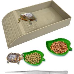 NGORAY Tortoise Feeding Dish with Ramp and Basking-Platform - Leaf Tortoise Water Food Bowls, Reptile Water Dish Amphibians Habitat, Reptile Water Bowl Fit for Amphibians with Forcep Cleaning Clip (Brown)