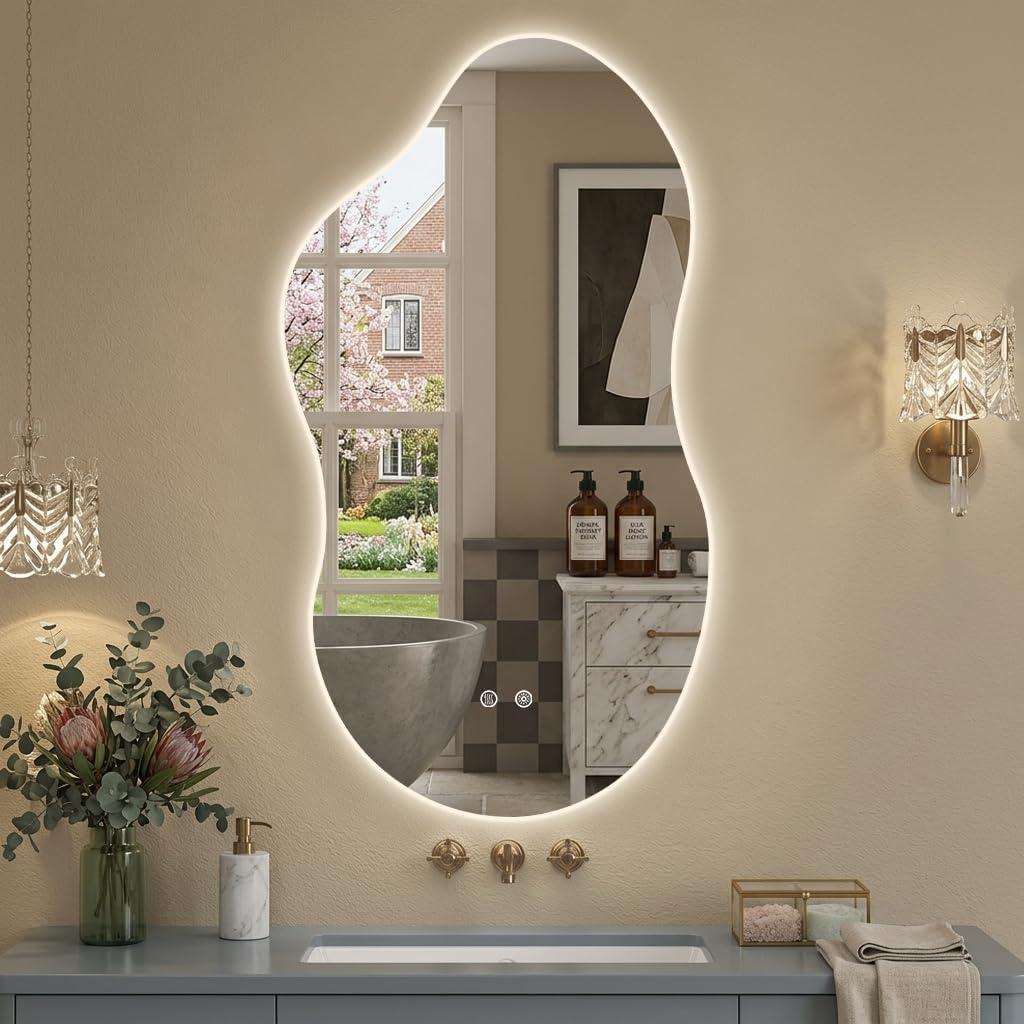 Irregular Backlit Mirror with Lights 20"x36" Asymmetrical Cloud Mirror Led Bathroom Vanity Mirror for Wall Abstract (Horizontal/Vertical)