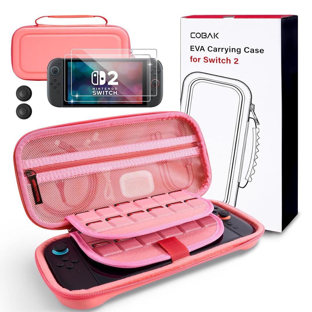 CoBak Large Capacity Carrying Case for Nintendo Switch 2 (2025) - 3 in 1 Accessories Bundle with 2 Screen Protectors, Thumb Grip Caps, 24 Game Cartridges, Hard Shell Portable Travel Pouch, Pink (7.9 inch)