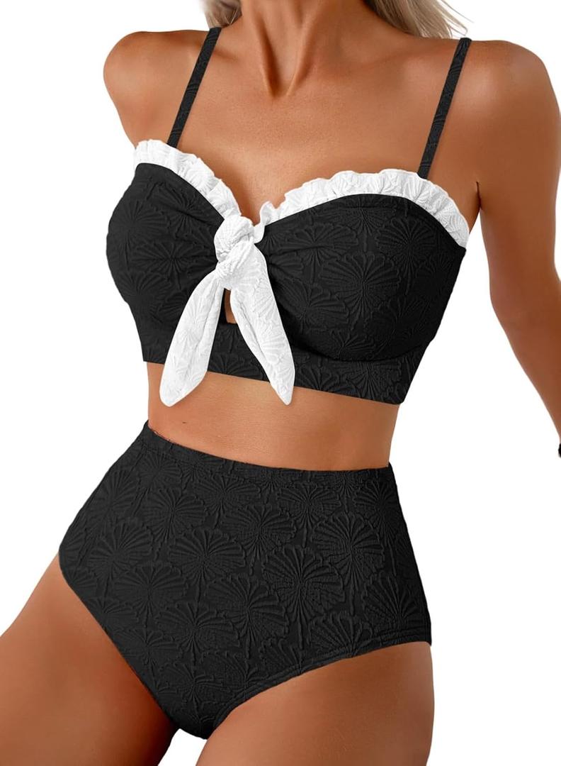 Herseas Women's Seashell Textured Bikini Sets Knotted Front 2 Piece Swimsuits Ruffle Trim Bathing Suits (Black, M)