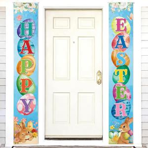 Ladnica Happy Easter Door Banner 2 Pack, 72 x 12 Inch Easter Porch Sign with Bunny Egg Lily Carrot, Spring Easter Decorations for Front Door Yard Home Indoor Outdoor Party Supplies