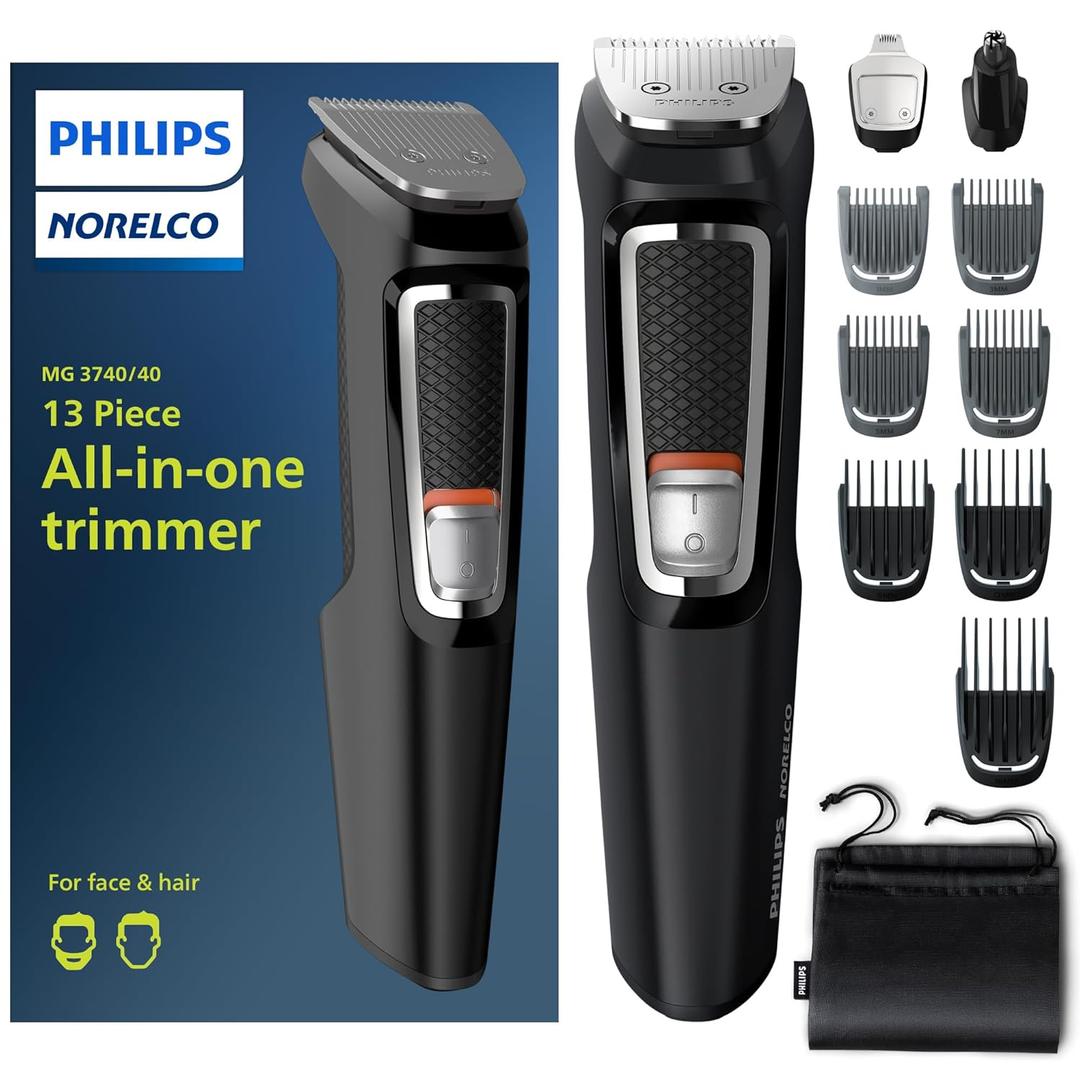 Norelco Philips Multi Groomer - 13 Piece Mens Grooming Kit for Beard, face, Nose, and Ear Hair Trimmer and Hair Clipper - NO Blade Oil Needed, MG3740/40 (Black)