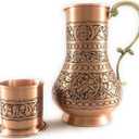 KS Series - Copper Pitcher (45 oz) and Cup (7.7 oz) Set, Moscow Mule Water Jug, Ice Tea and Juice Beverage, Desktop/Bedside Night Water Carafe, Ayurvedic Decanter (Engraved-Matte)