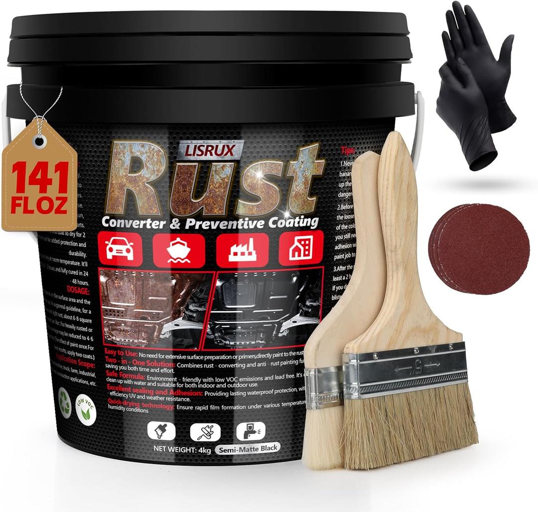 Rust Converter & Metal Primer, 141 Fl Oz Black Rust Inhibitor Paint for Metal, Automotive Rust Reformer, Industrial Grade Water Based, Heat Resistance & UV Resistant