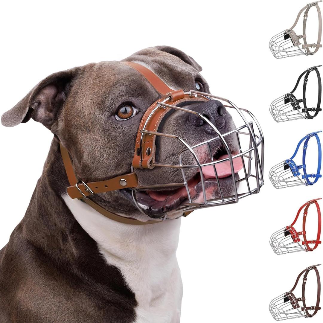 BRONZEDOG Pitbull Dog Muzzle Breathable Metal Basket for Large Dogs Amstaff Staffordshire Terrier Biting Chewing Barking (Leather, Brown)