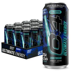 C4 Ultimate Energy Drink, 300mg Caffeine, Zero Sugar, High-Performance Energy for Pre-Workout, Endurance, and Focus, Sour Blue Razzilla, 16oz (Pack of 12) Exp. 06/2027