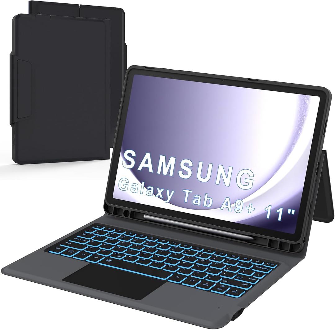 Folio Touch Keyboard Case for Samsung Galaxy Tab A9+/A11+ 11 inch - Slim Wireless Smart Touch Trackpad Keyboard Folio Tablet Cover - Backlit Keyboard with Kickstand for Tab A9 Plus 11" 2023 Black