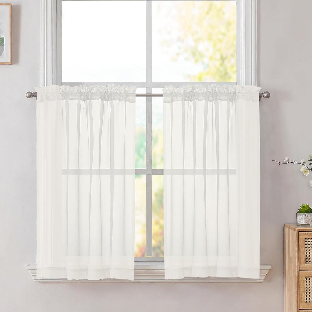 Simplebrand Ivory Sheer Kitchen Curtains (2 Panels, 42 x 36 Inch, Rod Pocket) - 100% Polyester Light Filtering Drapes for Bathroom, Living Room, Bedroom Decoration