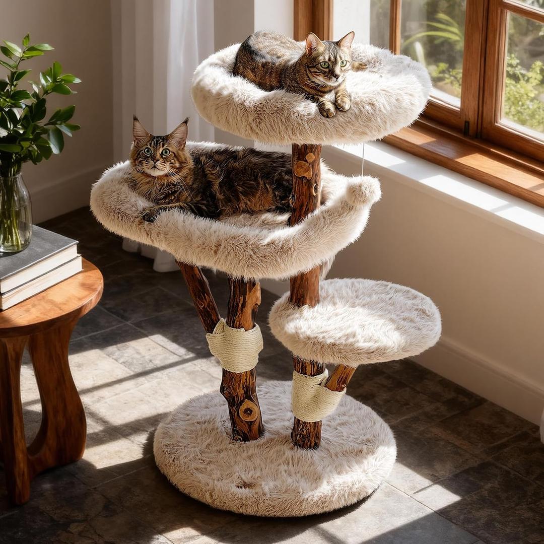 Aesthetic Cat Tree Tower for Large Cats, Large Cat Tree for Maine Coon Indoor Cats with Faux Fox Fur, Solid Wood Sisal Scratching Post, Perches, Platform & Toy Ball