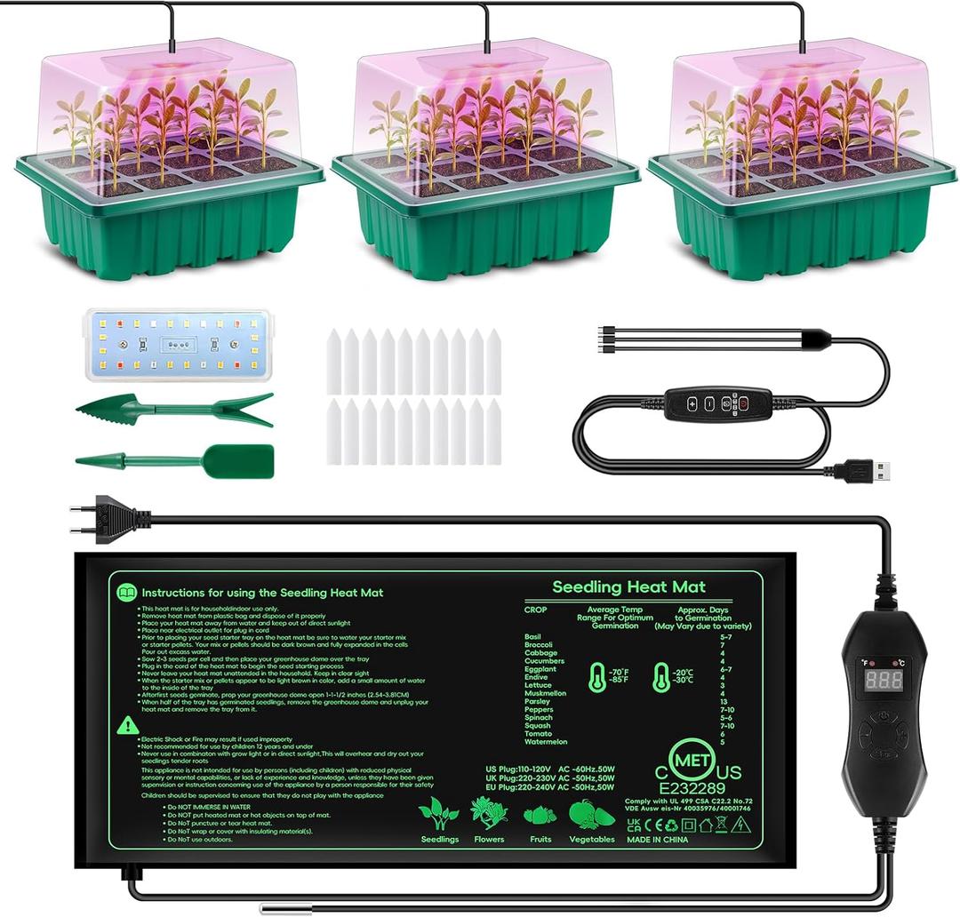 Verdenu 3PK Seed Starter Tray with Grow Lights and Tempe-Control Heat Mat, 36-Cell Large Seedling Starter Kit with Humidity Dome, Adjustable LED Lighting for Seed Germination,Temperature Adjustable