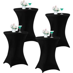 Wolkemer 4 Pack 30x43 Inch Spandex Cocktail Cover Black Stretch Table Cloths Fitted Tablecloth High Top Square Coners Table Covers for Wedding Birthday Party Bar Banquet Round Tables