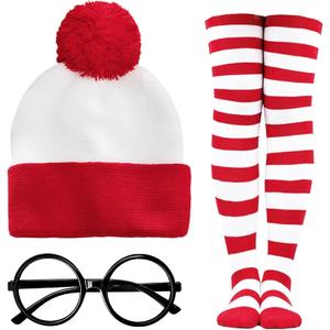 3PCS Halloween Costume Set for Women Red and White Striped Hat Glasses and Knitted Stockings Halloween Cosplay Party Outfit Beanie Cap Thigh High Socks Accessories