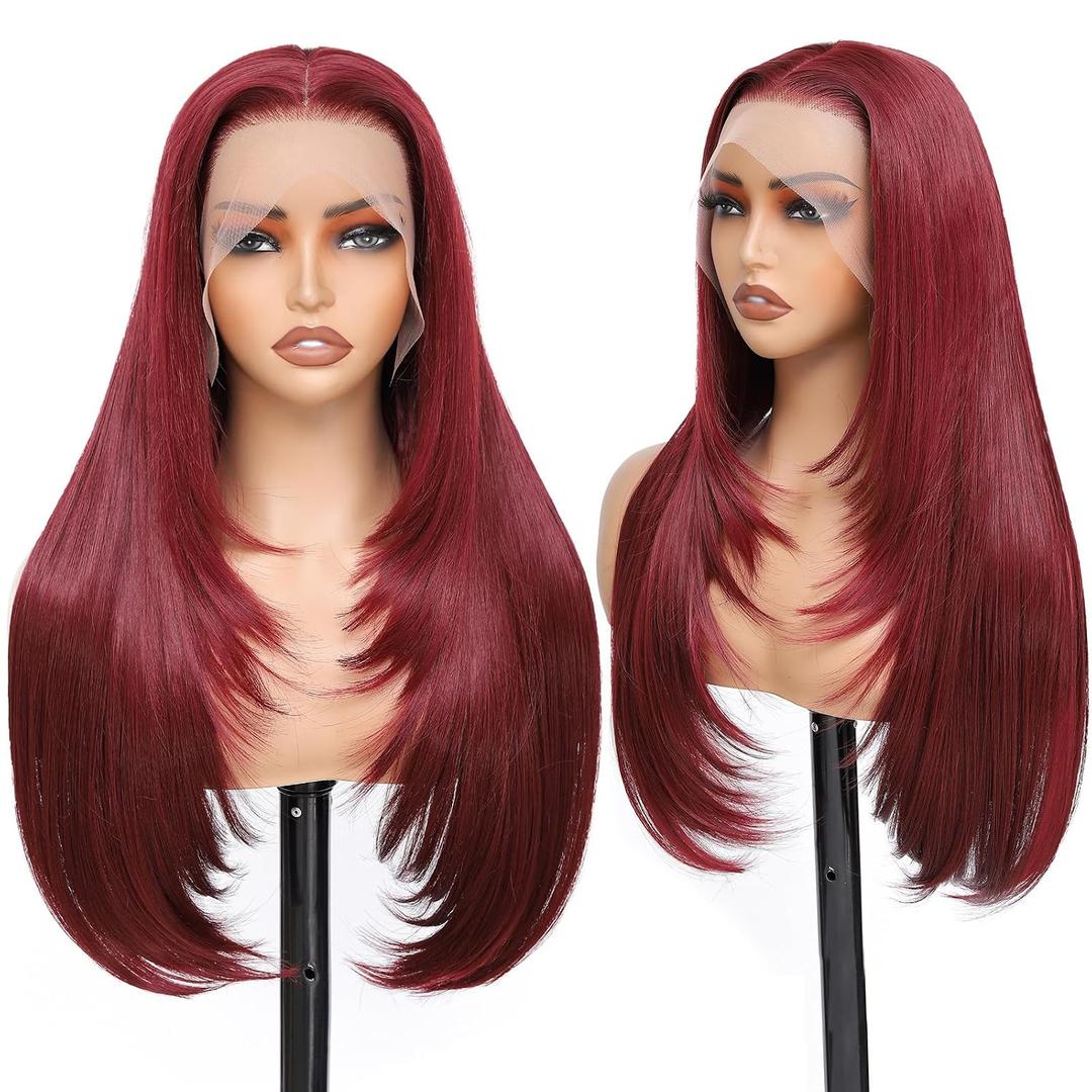 Burgundy 99j Synthetic Lace Front Wig 13x4 Layered Hairstyle Glueless Pre Plucked Straight 26 Inch for Wigs Black Women Beginner Friendly