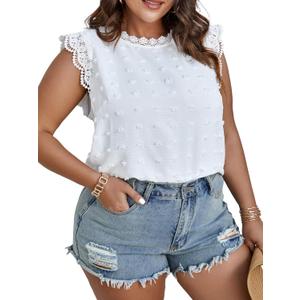 SCOMCHIC Women Plus Size Tank Tops Cute Summer Sleeveless Blouses Lace Trim Cap Sleeve Crewneck Swiss Dot Babydoll Tops (3X-Large Plus, White)
