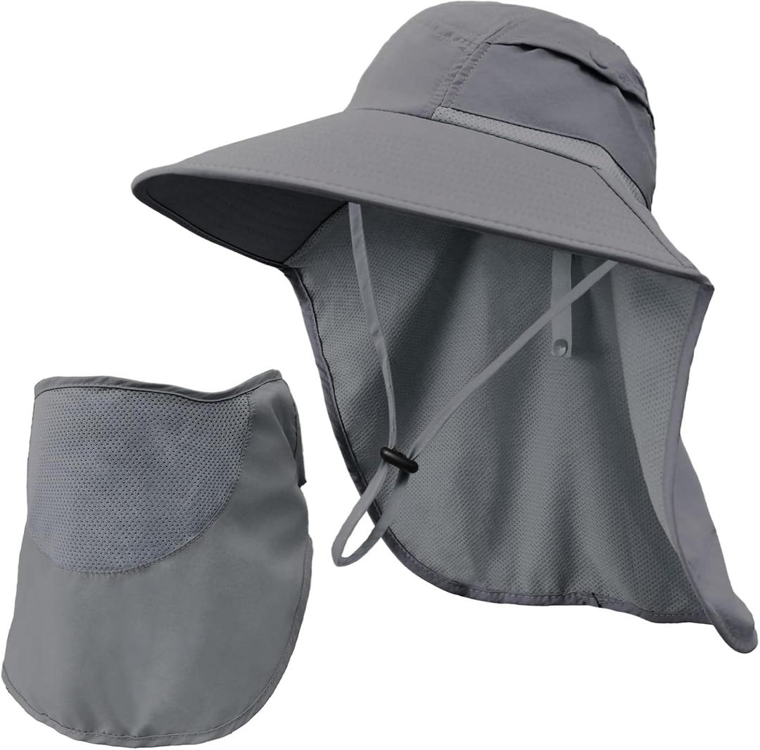 Sun Hats for Men Women Detachable Face Cover Wide Brim Fishing Hats with Neck Flap UPF 50+ Outdoor Safari Hats (Dark Grey)