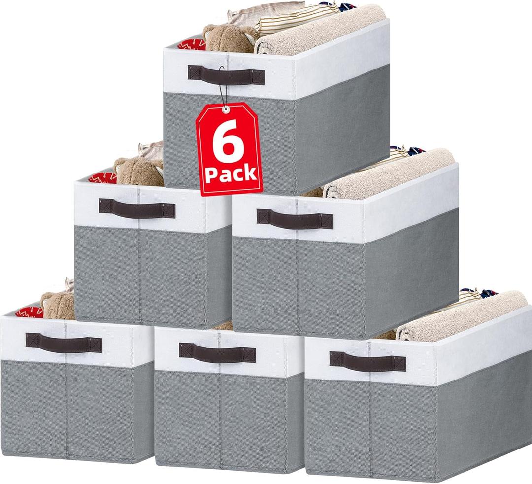 Criusia Closet Organizers and Storage Baskets - 6 Pack Shelf Organizer Bins with Handles - Clothes Storage Bins for Bedroom Nursery Home Closet Organization - Blanket Toy Storage Organizer (White with Grey)