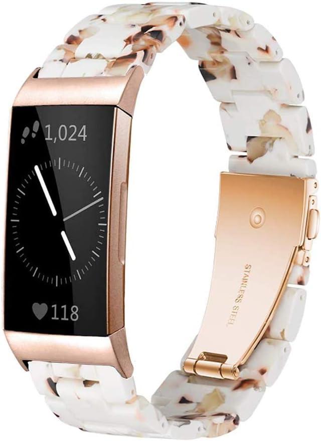 Resin Band Compatible with Fitbit Charge 4,Charge 3/3 SE,Women Men Resin Accessory Rose Gold Buckle Band Wristband Strap Blacelet (Nougat White)
