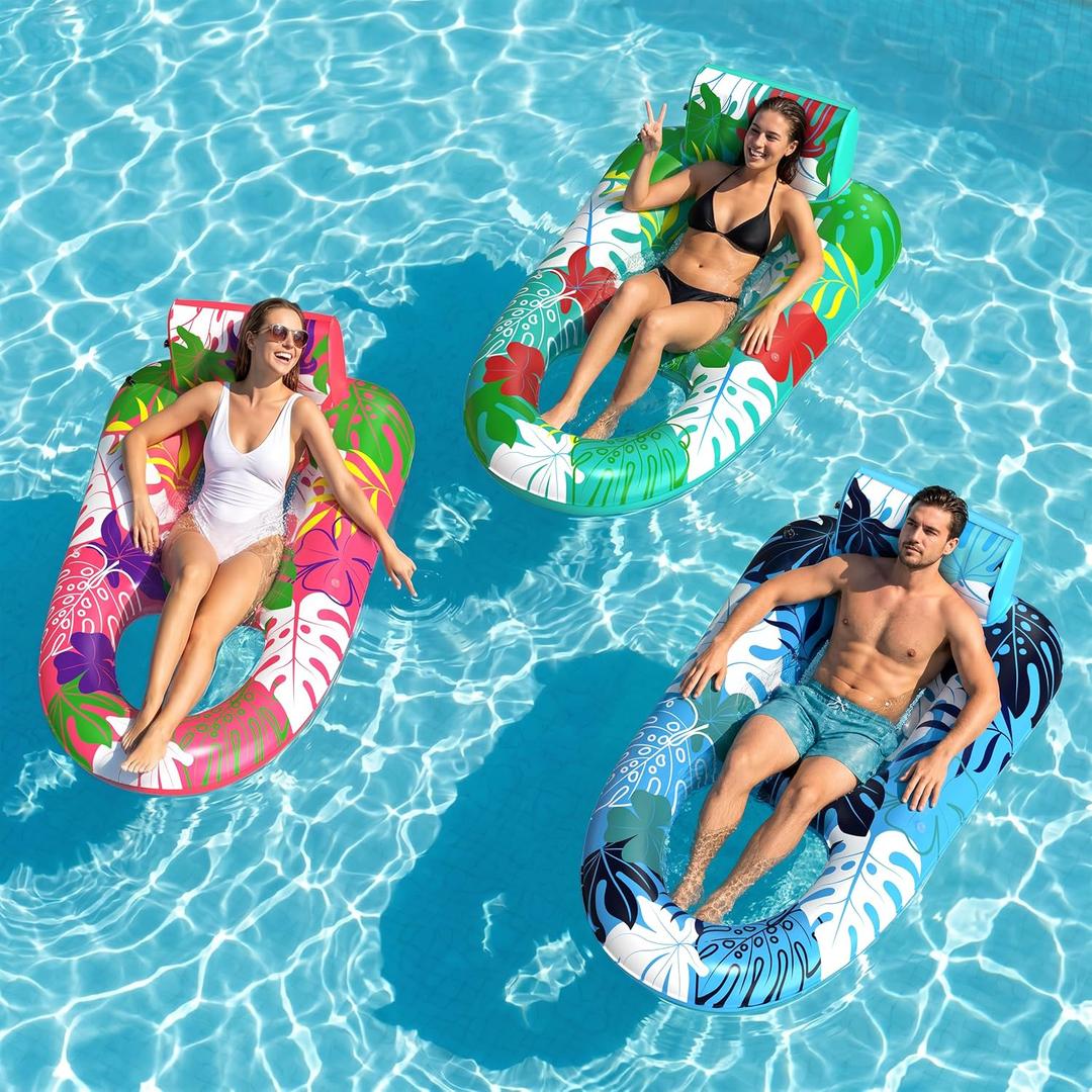 3 Pack Pool Floats Adult Heavy Duty, Inflatable Pool Lounger Float with Detachable Cup Holders & Backrest, Extra Large Pool Rafts Water Floaties for Adults Swimming Pools Beach Lake Party, 64"x 37"