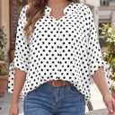 Cicy Bell Womens Polka Dot Half Sleeve Pleated Top Button Down Tunic Blouse | Summer Casual Shirts, Loose Fit, V Neck, Bow Tie Cuff, Dressy, Trendy, Cute (White, M)