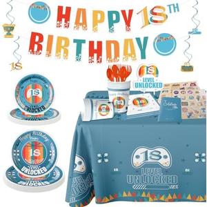 18th Birthday Party Supplies for Boys - 131Pcs Happy 18 Years Birthday Decorations Set, Includes Plates, Napkins, Tablecloth, Cups, Banner, Stickers, Cake Topper, Tableware for 20 Guests