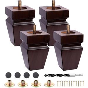 Set of 4 Premium Square Wood Furniture Legs-Wooden Replacement Feet for Couch, Nightstand Sideboard Bench, Dresser Sofa with Installation Hardware (Brown 4" H*2.75" W)