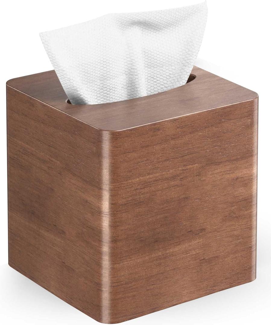 Livelab Tissue Box Cover Square - Oak Wood Tissue Box Holder for Living Room, Dinner Table, Bathroom, Office - Decorative Wooden Cube Facial Tissue Cover for Modern Farmhouse Home Decor | Brown