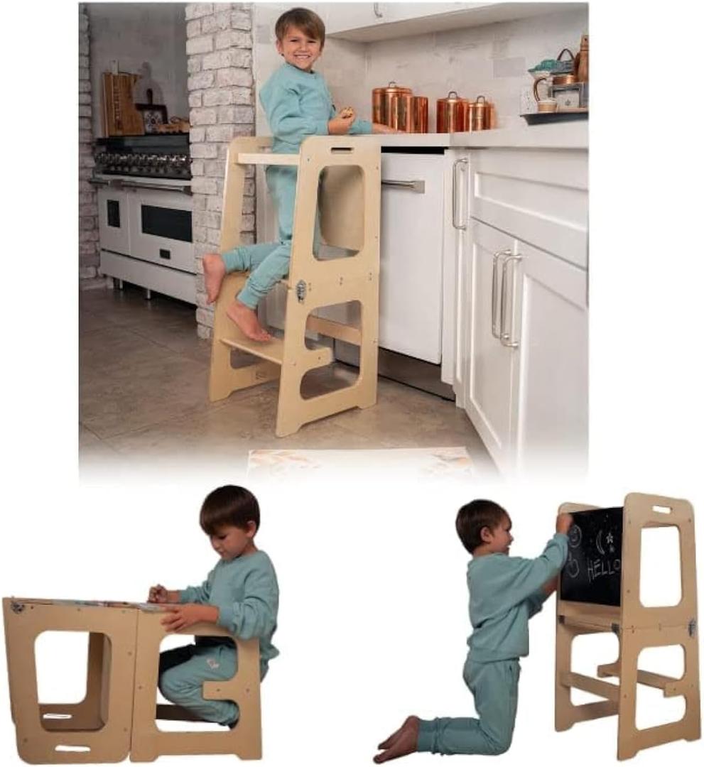 Avenlur Date 4-in-1 Foldable Tower - Toddler Step Stool with Chalkboard, Desk and Chair - Montessori and Waldorf Style Stool for Ages 18 Months to 6 Years (Natural)