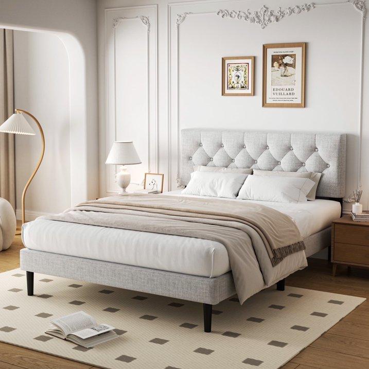 Lijimei Queen Size Platform Bed Frame with Upholstered Button Tufted Headboard, Noise Free, No Box Spring Needed, Easy Assembly, Light Grey
