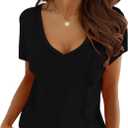 Eurivicy Women's Shirts Summer V-Neck Short Sleeve T-Shirts Casual Basic Plain Tee Tops with Pocket (Black, XXL)